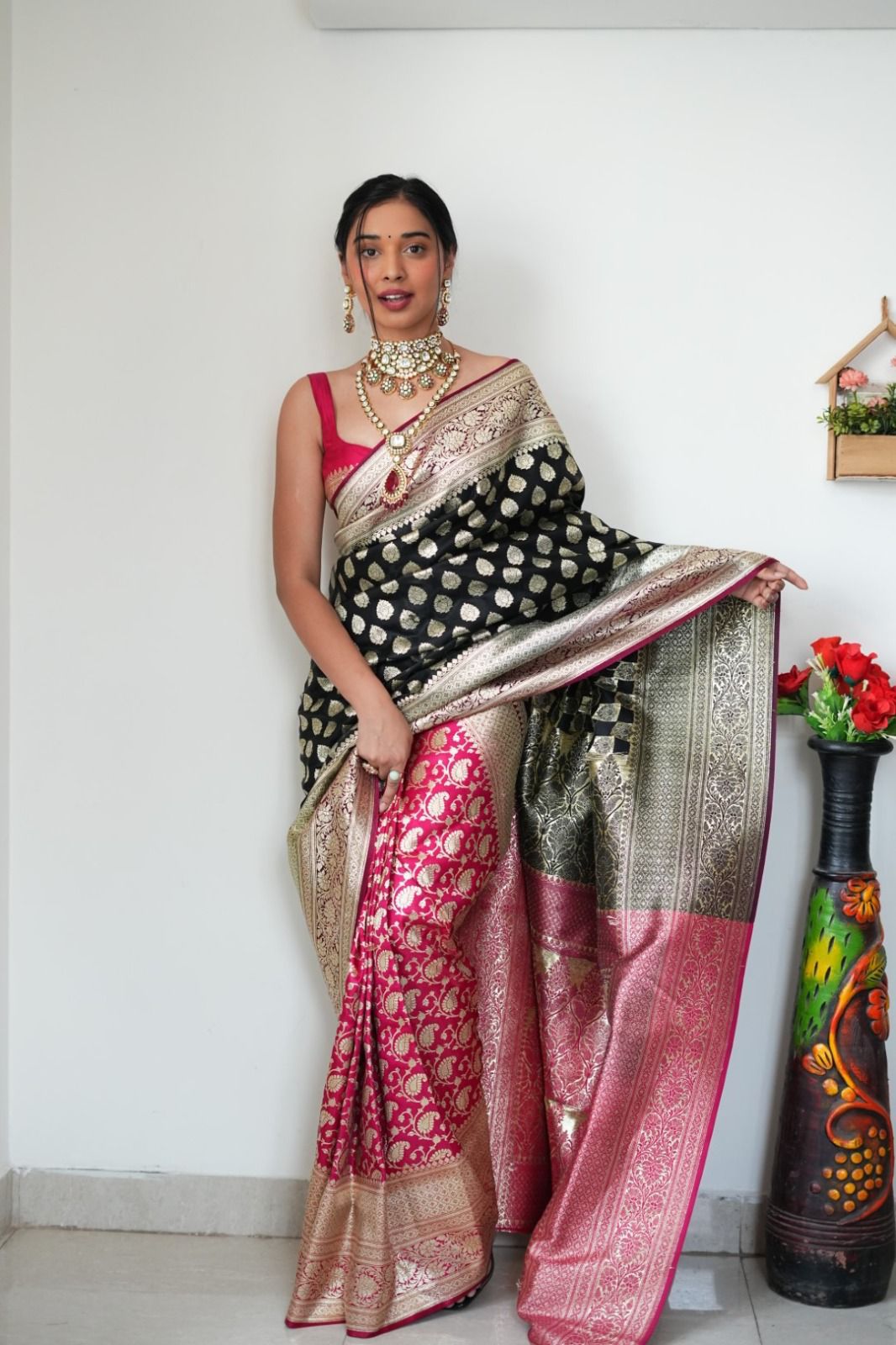 Banarasi Silk Half And Half All Over Zari Weaved Saree
