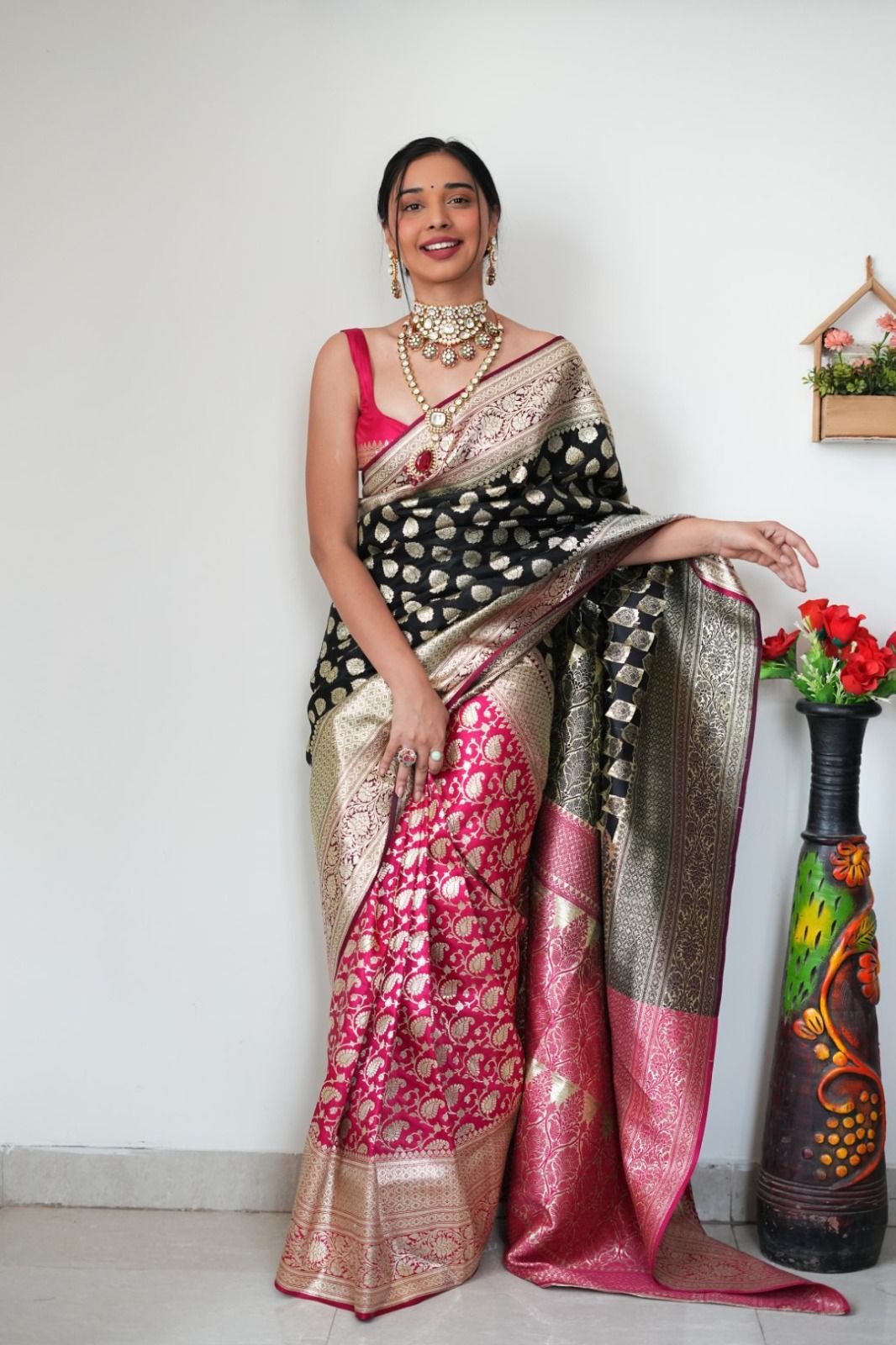 Banarasi Silk Half And Half All Over Zari Weaved Saree