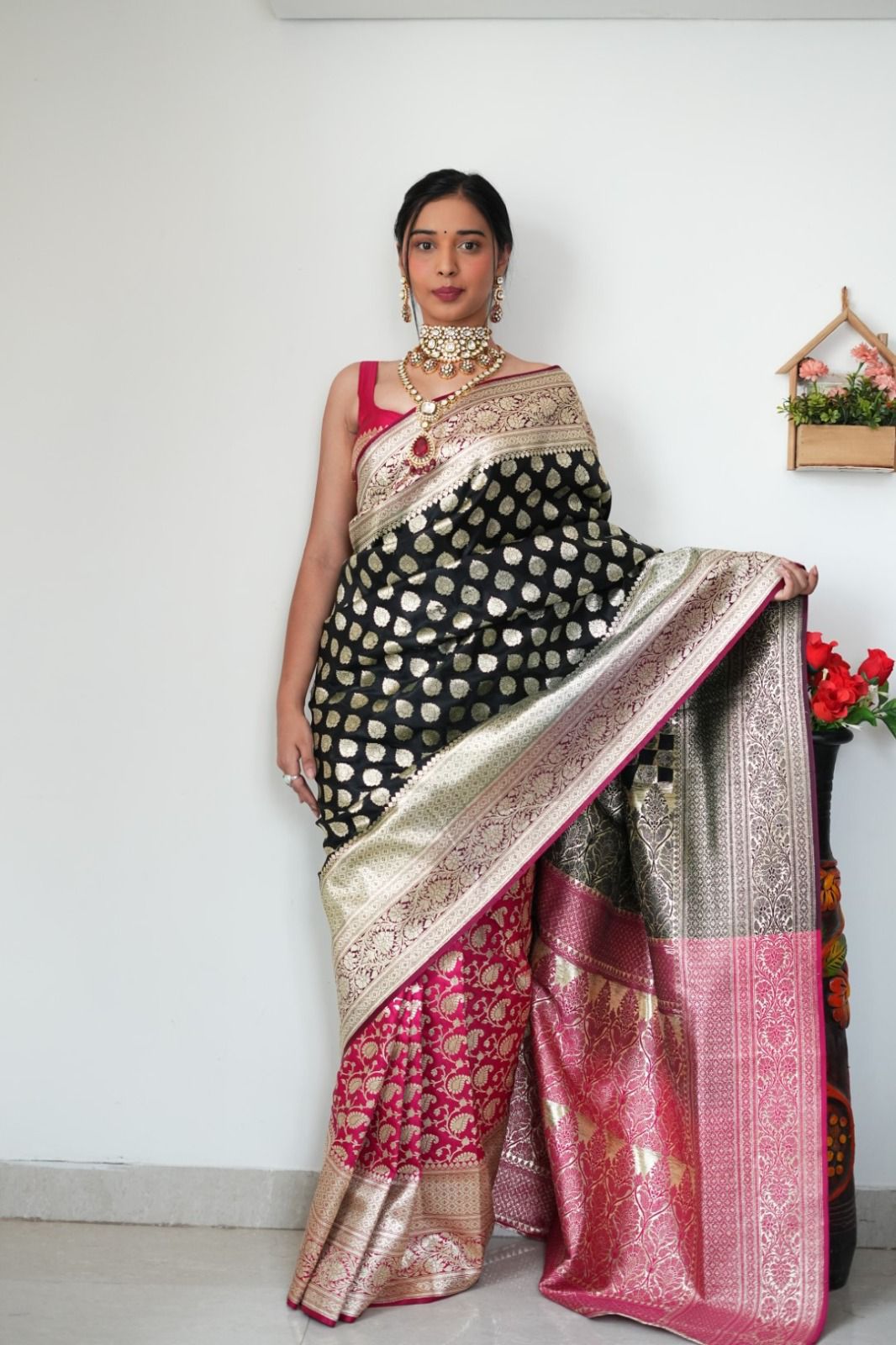 Banarasi Silk Half And Half All Over Zari Weaved Saree