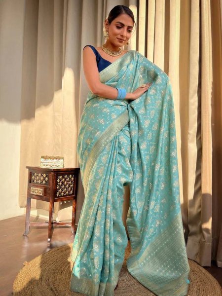 Image of Banarasi Silk Jacquard All Over Copper Zari Weaved Saree