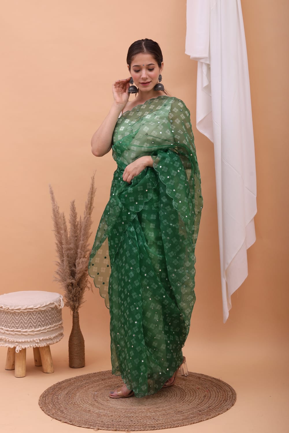 Organza Silk Bandhni Print With Aari Motif Work Saree
