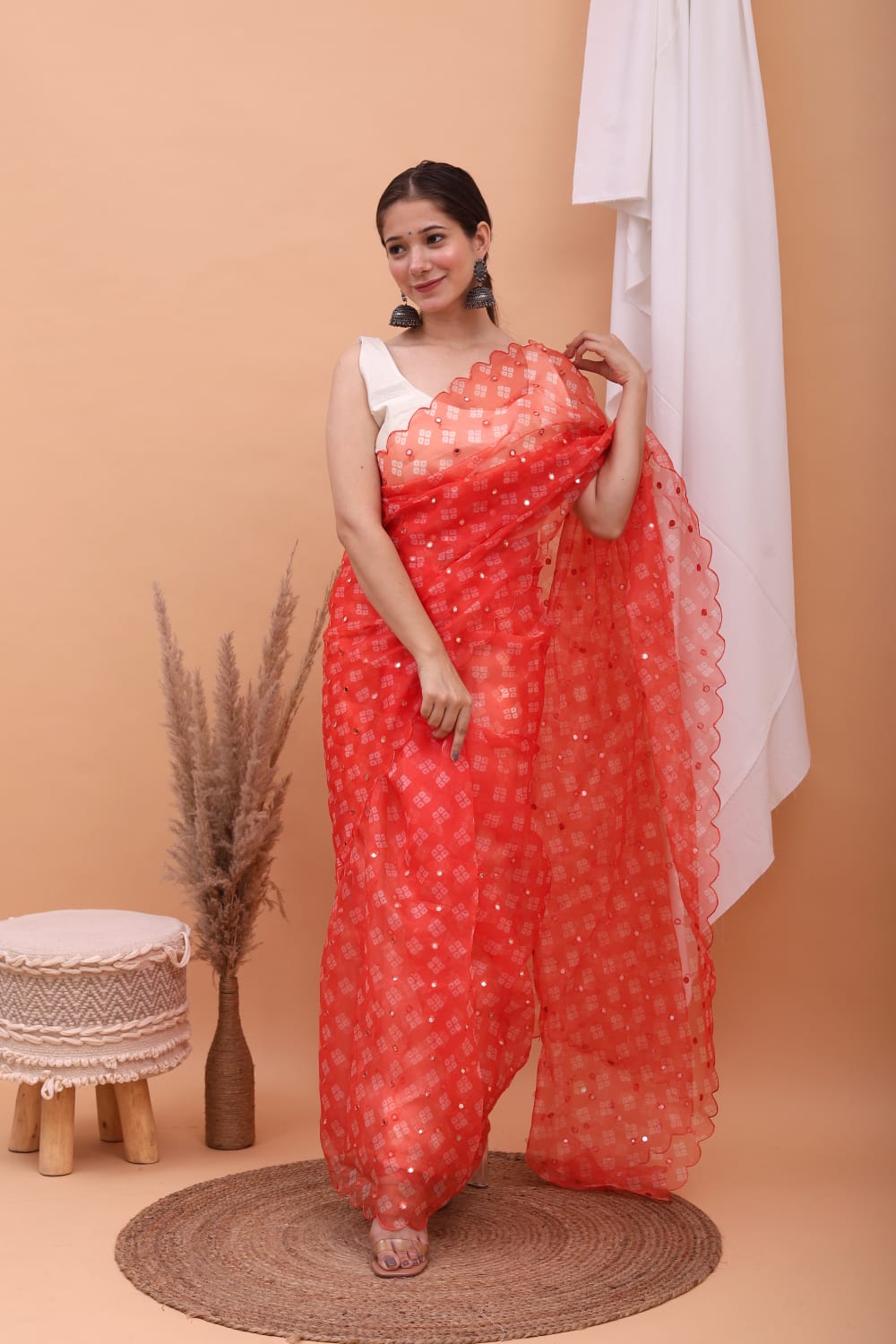 Organza Silk Bandhni Print With Aari Motif Work Saree