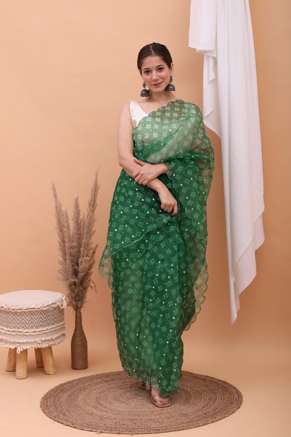 Organza Silk Bandhni Print With Aari Motif Work Saree