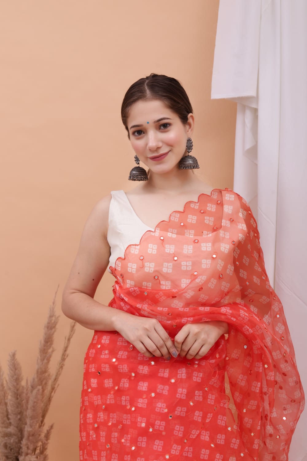 Organza Silk Bandhni Print With Aari Motif Work Saree