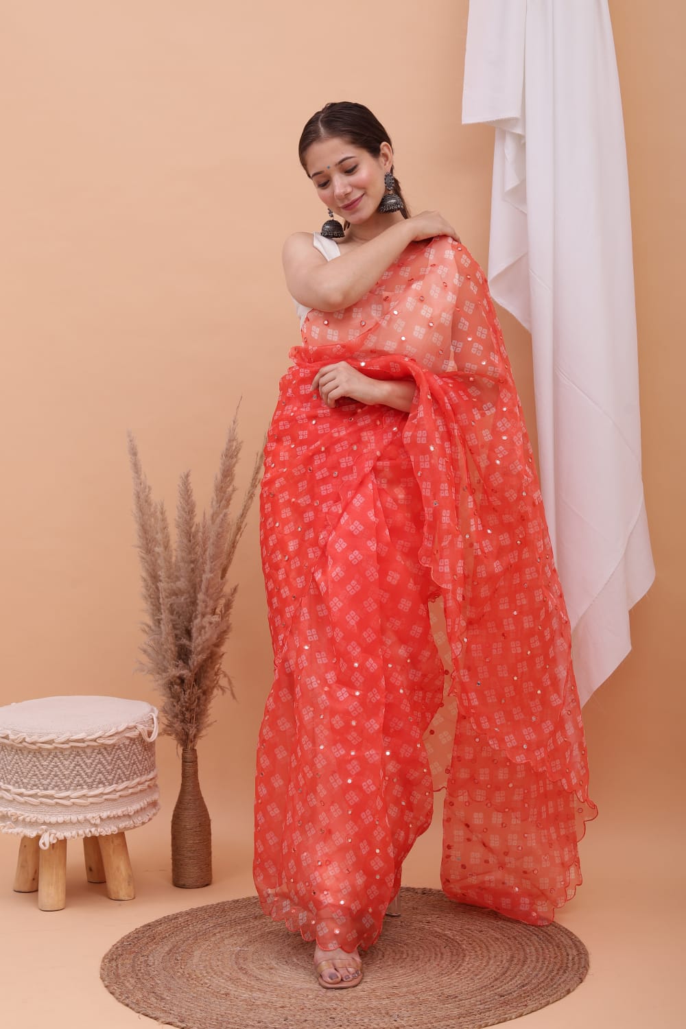 Organza Silk Bandhni Print With Aari Motif Work Saree