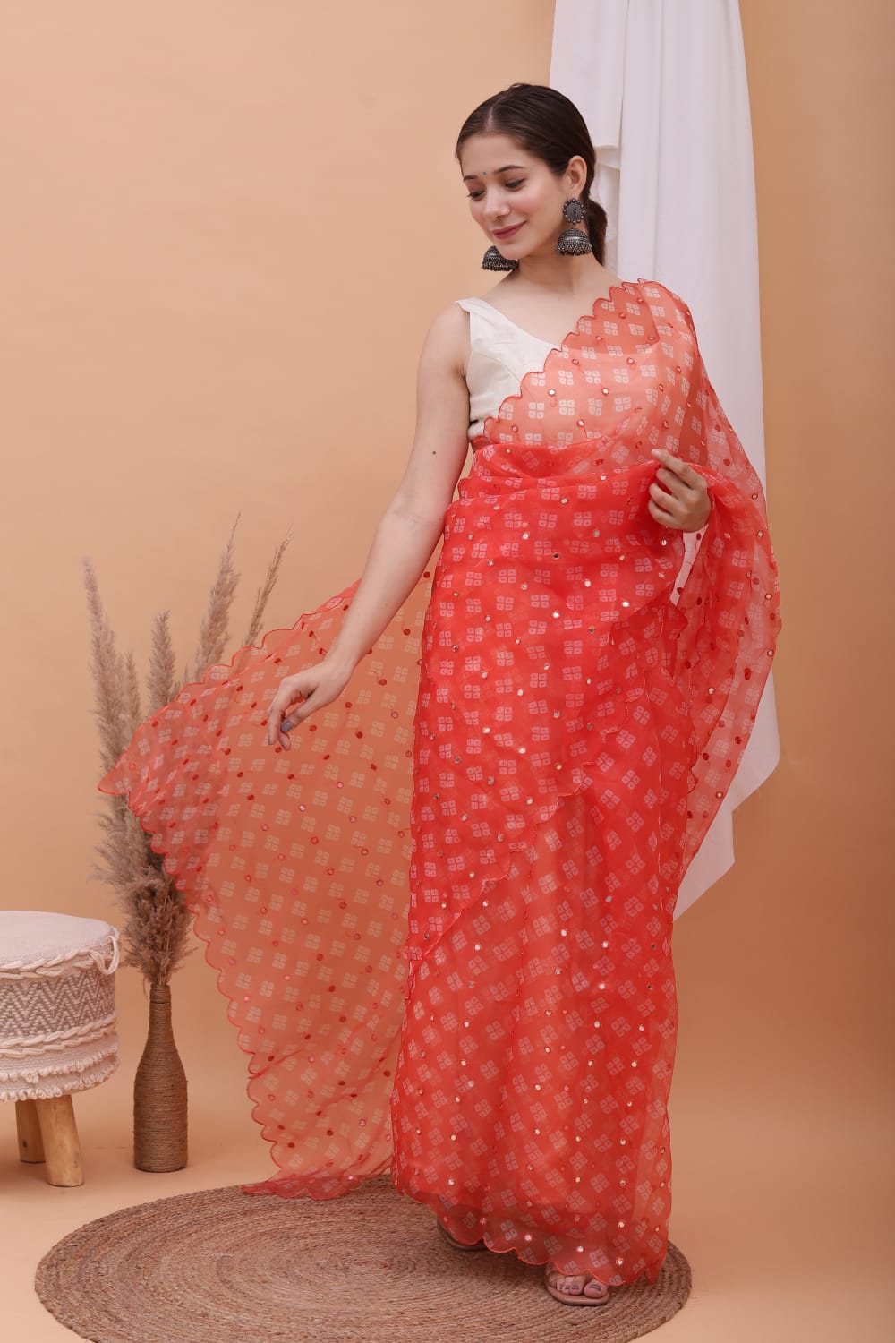 Organza Silk Bandhni Print With Aari Motif Work Saree
