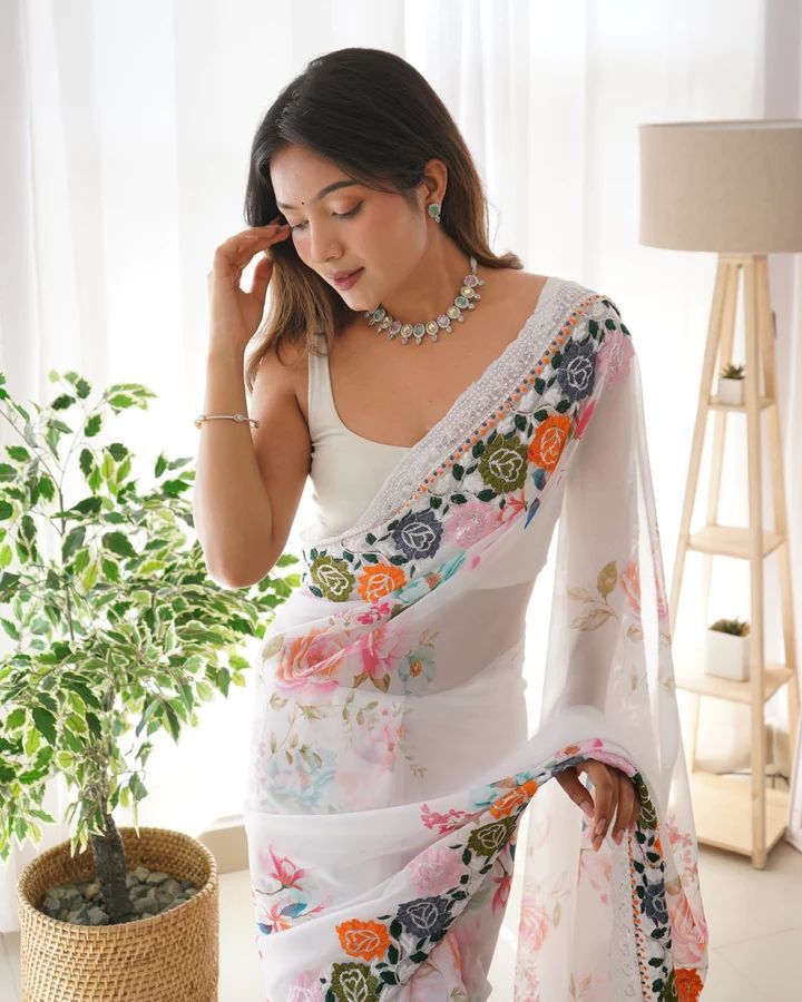 Georgette Digital Flower Printed With Sequence Embroidery Work Saree