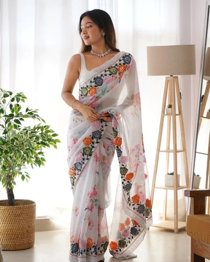 Georgette Digital Flower Printed With Sequence Embroidery Work Saree