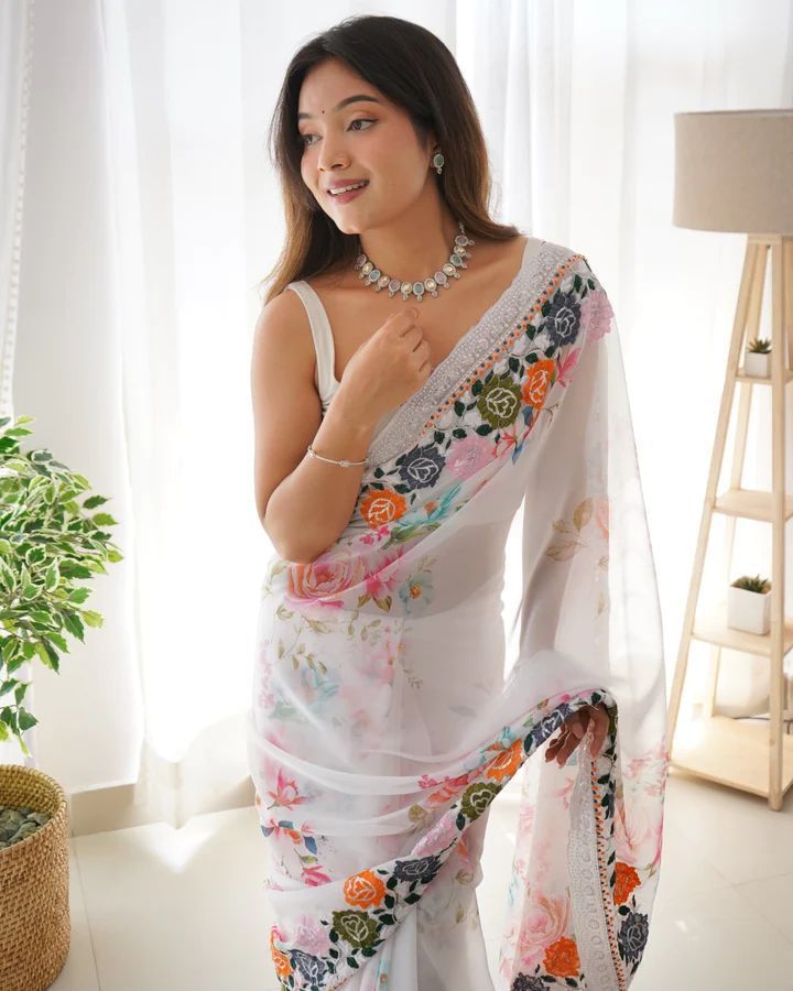 Georgette Digital Flower Printed With Sequence Embroidery Work Saree