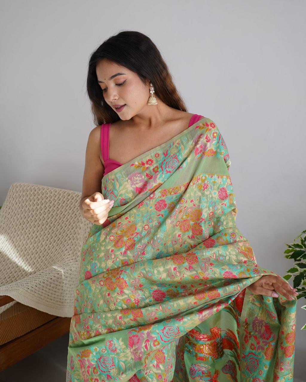 Kashmiri Silk Pure Zari Multi Color Thread Weaved Saree