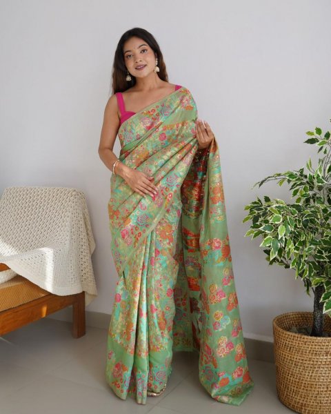 Image of Kashmiri Silk Pure Zari Multi Color Thread Weaved Saree