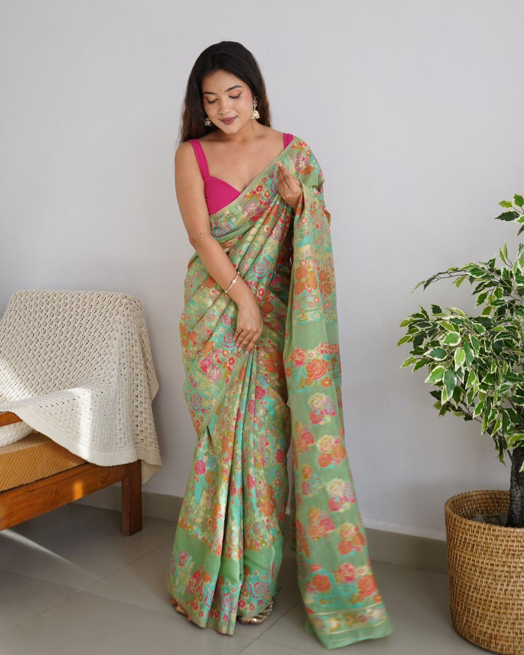 Kashmiri Silk Pure Zari Multi Color Thread Weaved Saree