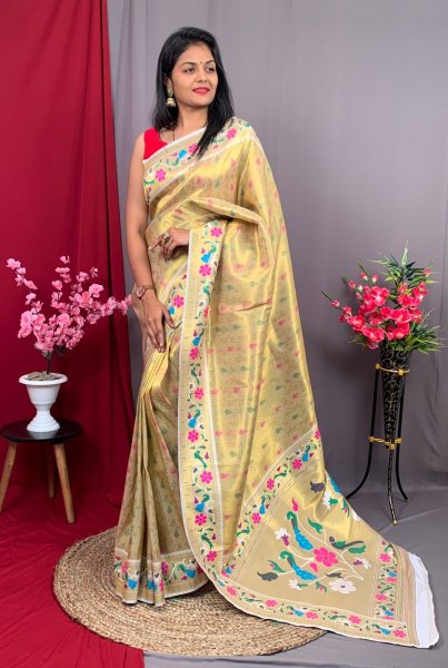 Image of Pure Kanjivaram Tissue Silk Zari Meena Weaved Paithani Saree