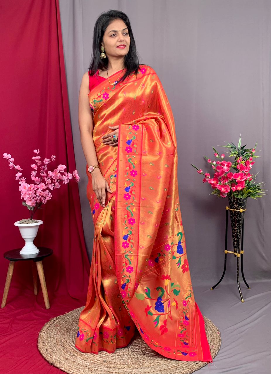 Pure Kanjivaram Tissue Silk Zari Meena Weaved Paithani Saree