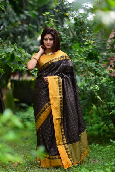 Image of Cotton Silk All Over Zari Weaved Check Body Temple Border Saree
