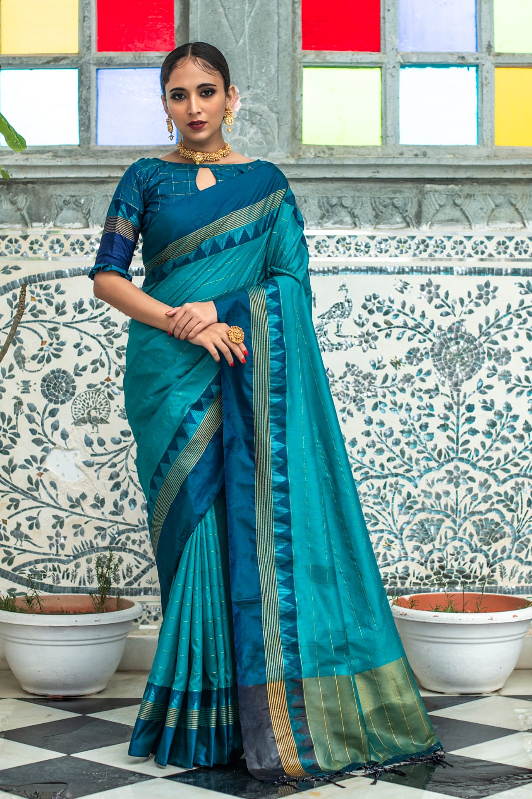 Cotton Silk All Over Zari Weaved Check Body Temple Border Saree