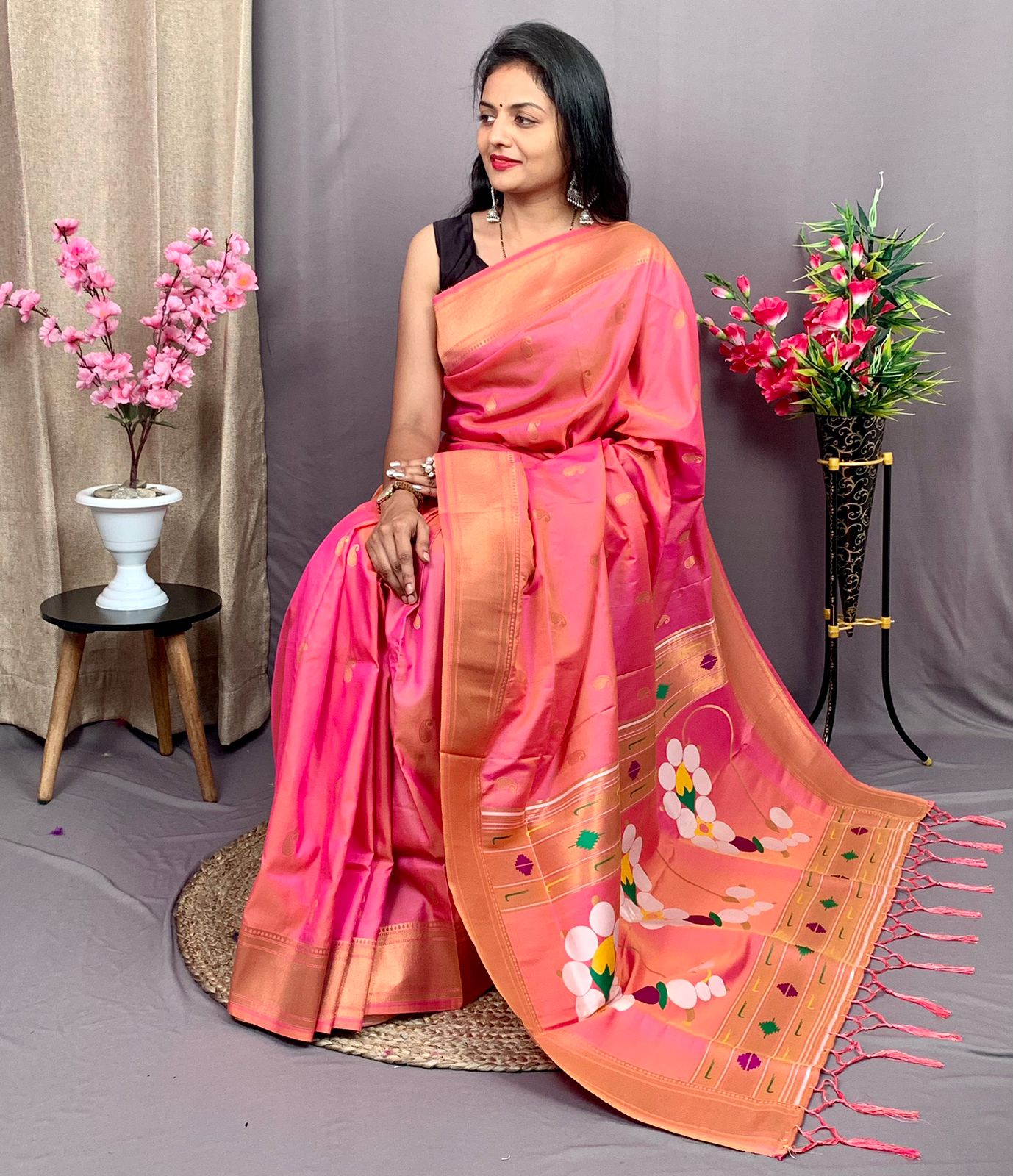 Pure Kanjivaram Paithani Silk Zari Weaved Meenakari Pallu Saree