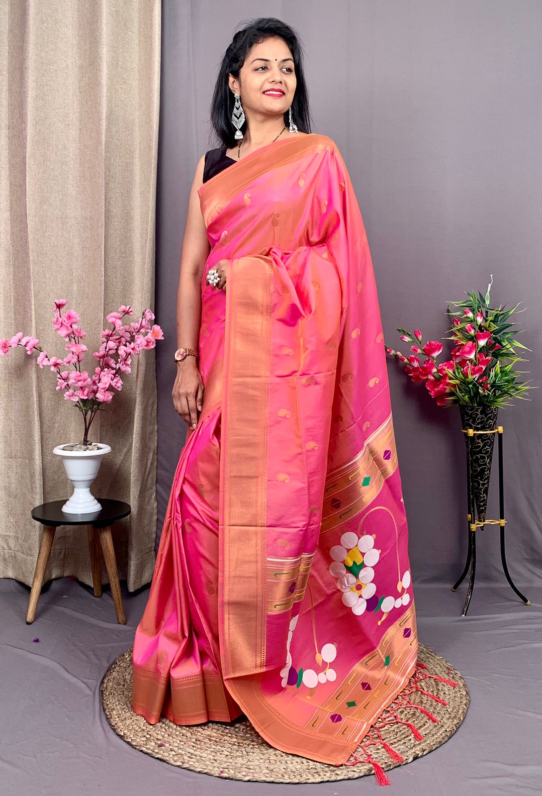 Pure Kanjivaram Paithani Silk Zari Weaved Meenakari Pallu Saree