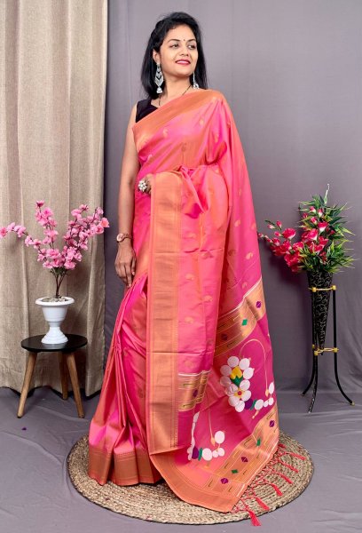 Image of Pure Kanjivaram Paithani Silk Zari Weaved Meenakari Pallu Saree