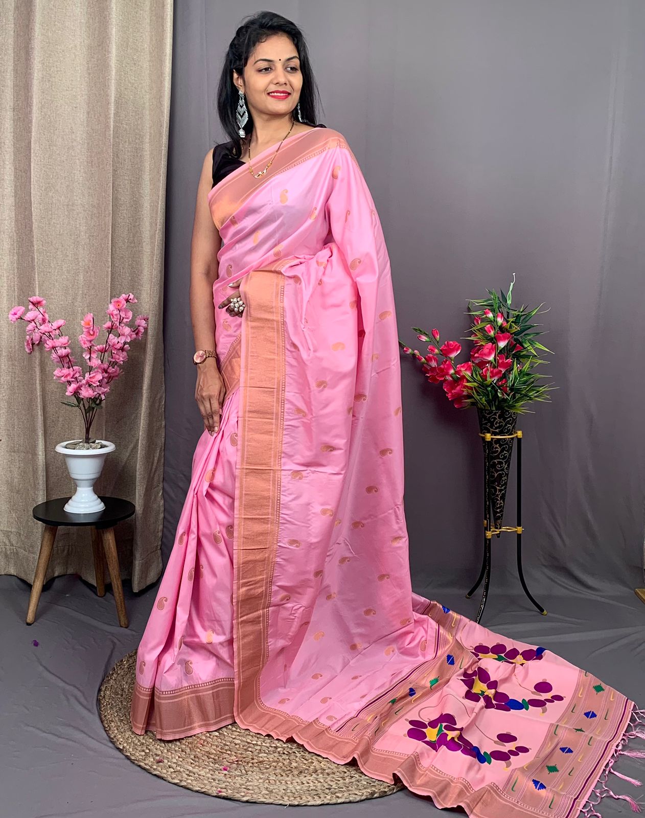 Pure Kanjivaram Paithani Silk Zari Weaved Meenakari Pallu Saree