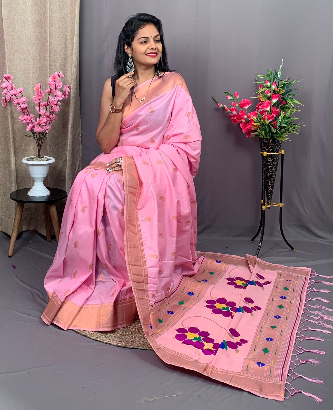 Pure Kanjivaram Paithani Silk Zari Weaved Meenakari Pallu Saree