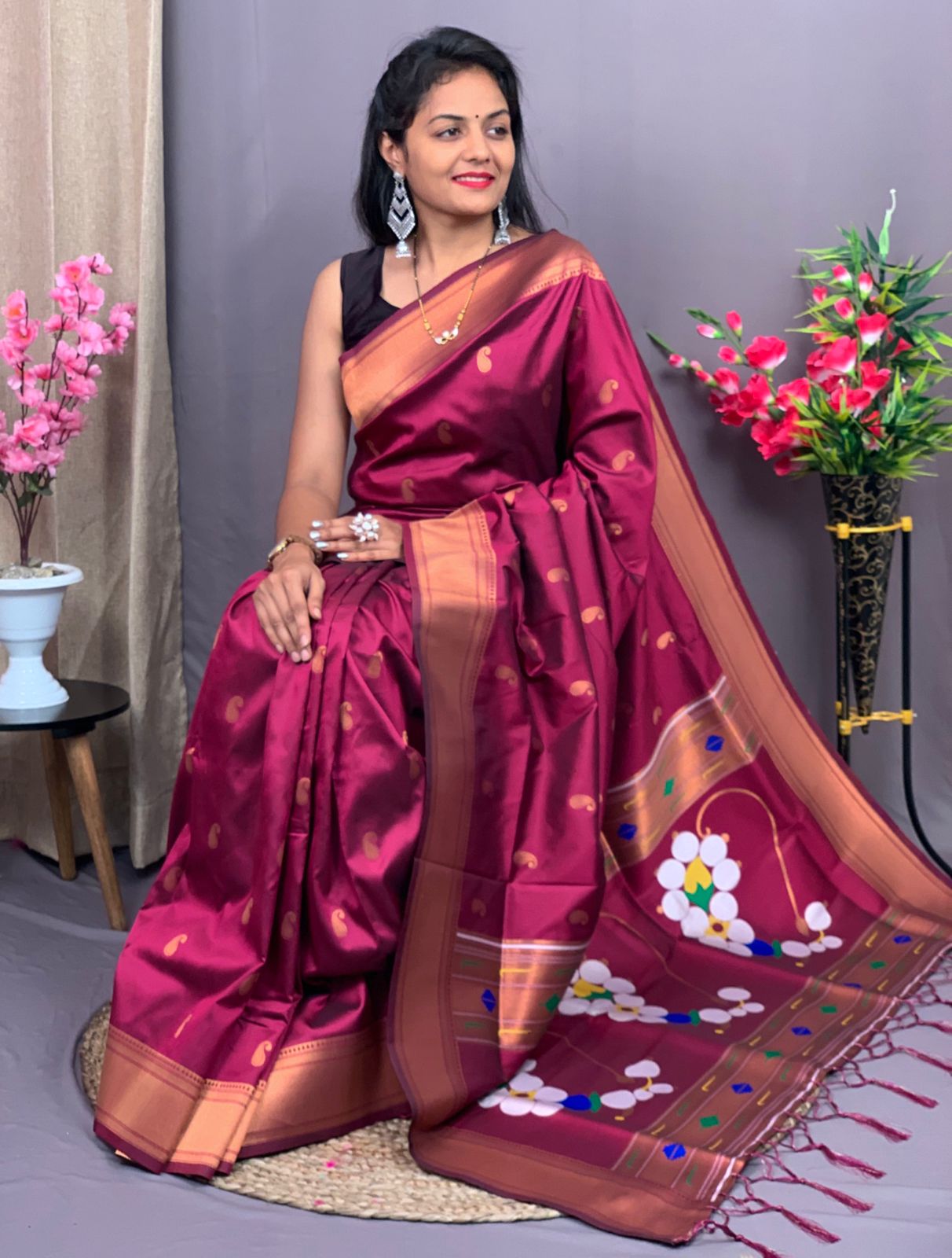 Pure Kanjivaram Paithani Silk Zari Weaved Meenakari Pallu Saree