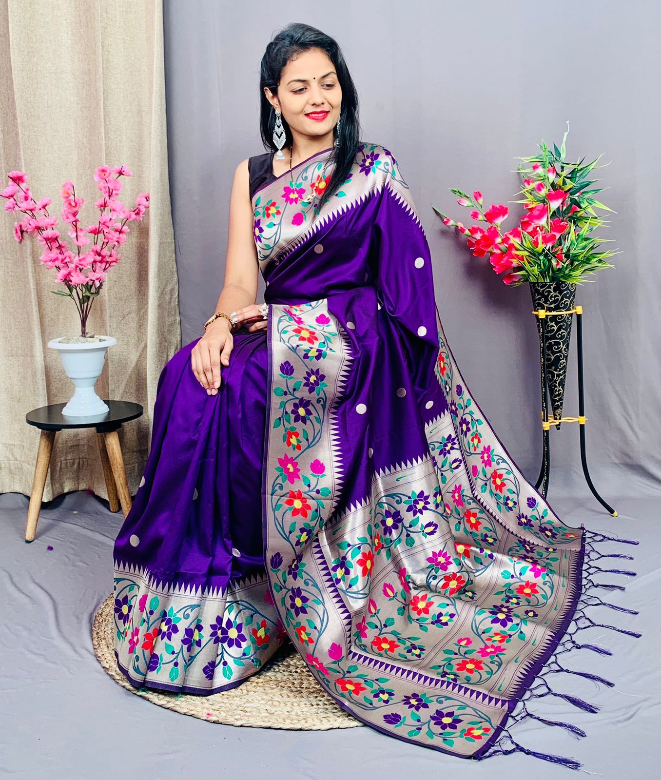 Pure Kanchipuram All Over Silver Zari And Meenakari Weaved Rich Pallu Saree