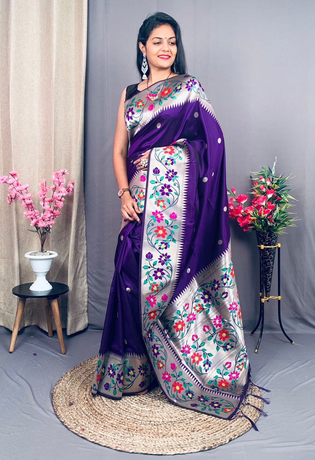 Pure Kanchipuram All Over Silver Zari And Meenakari Weaved Rich Pallu Saree