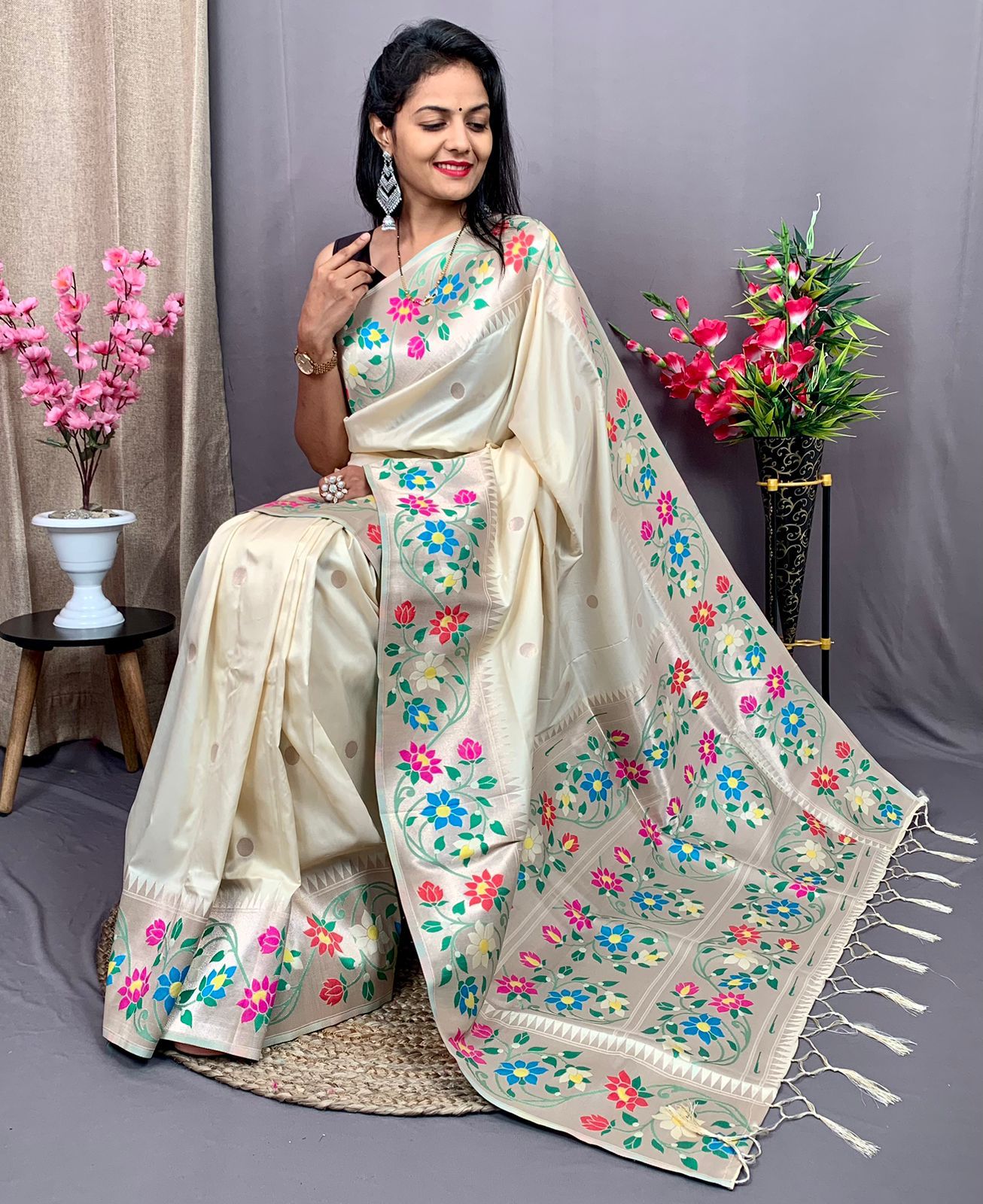 Pure Kanchipuram All Over Silver Zari And Meenakari Weaved Rich Pallu Saree