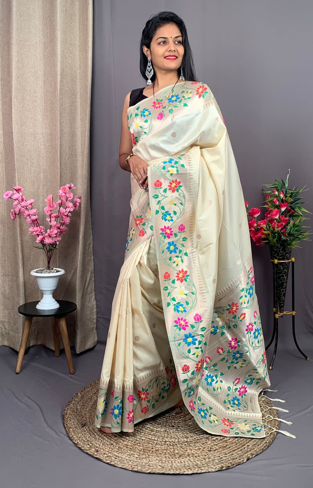 Pure Kanchipuram All Over Silver Zari And Meenakari Weaved Rich Pallu Saree