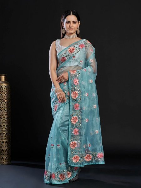 Image of Premium Organza Silk Sequence Work With Multi Thread Piping Saree