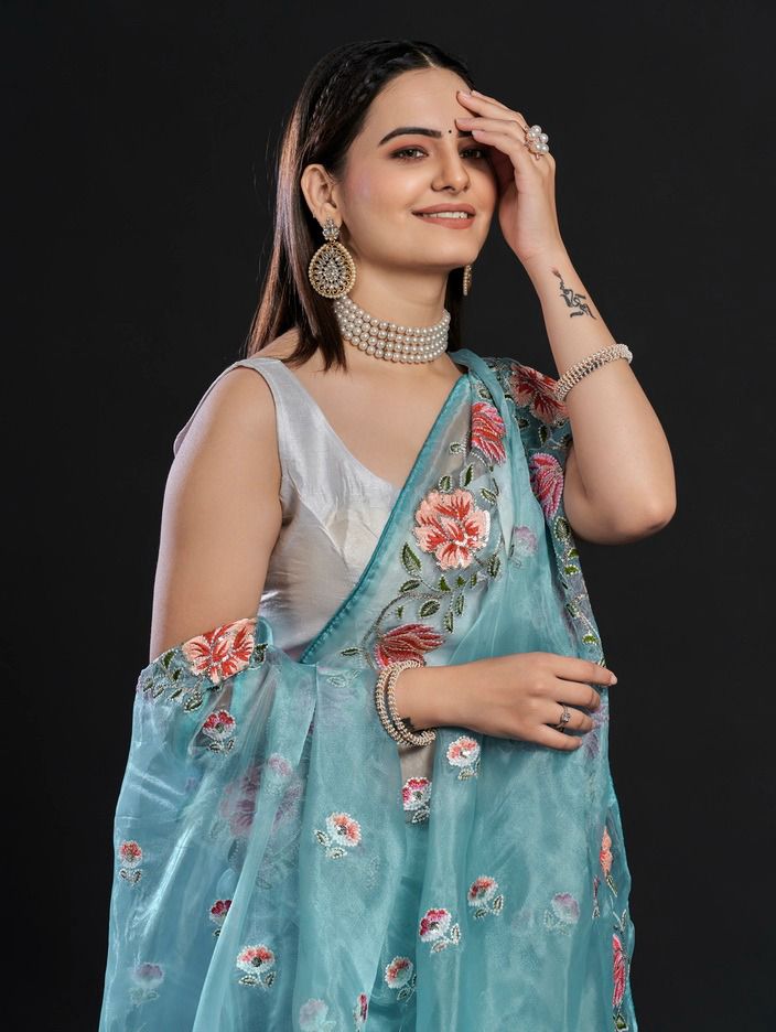 Premium Organza Silk Sequence Work With Multi Thread Piping Saree