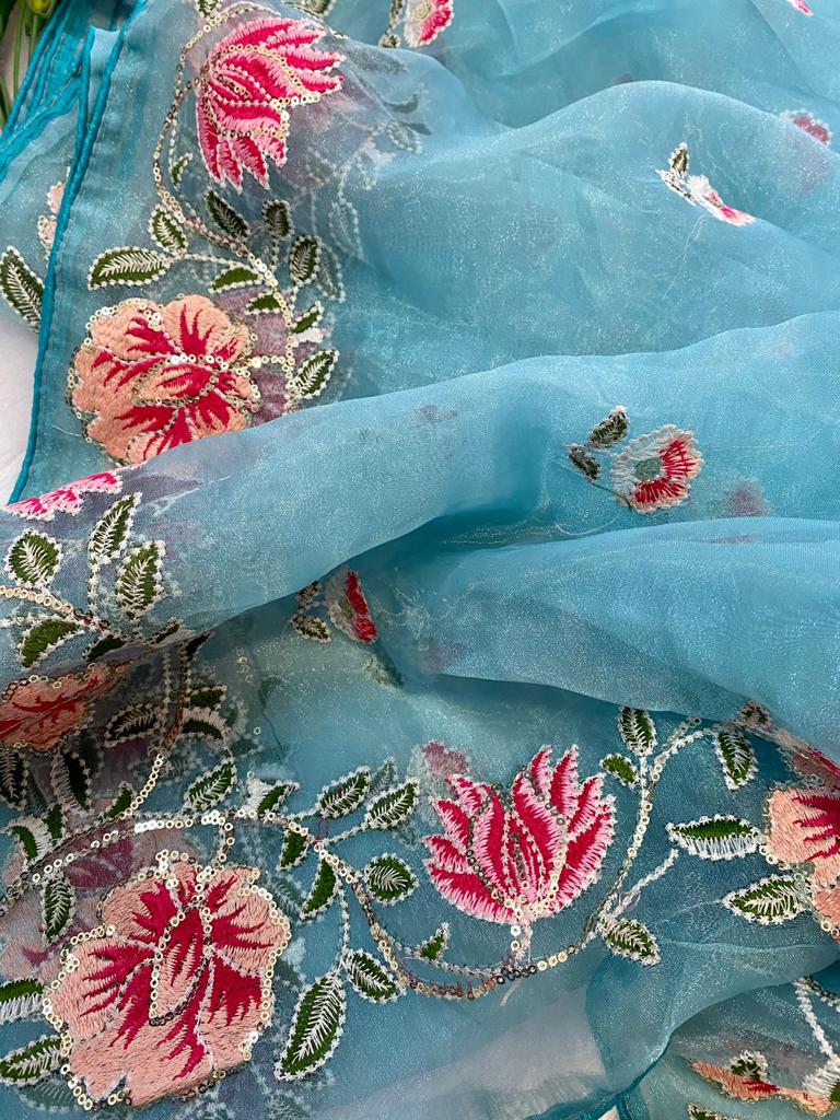 Premium Organza Silk Sequence Work With Multi Thread Piping Saree