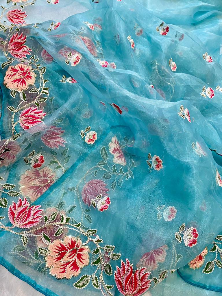 Premium Organza Silk Sequence Work With Multi Thread Piping Saree