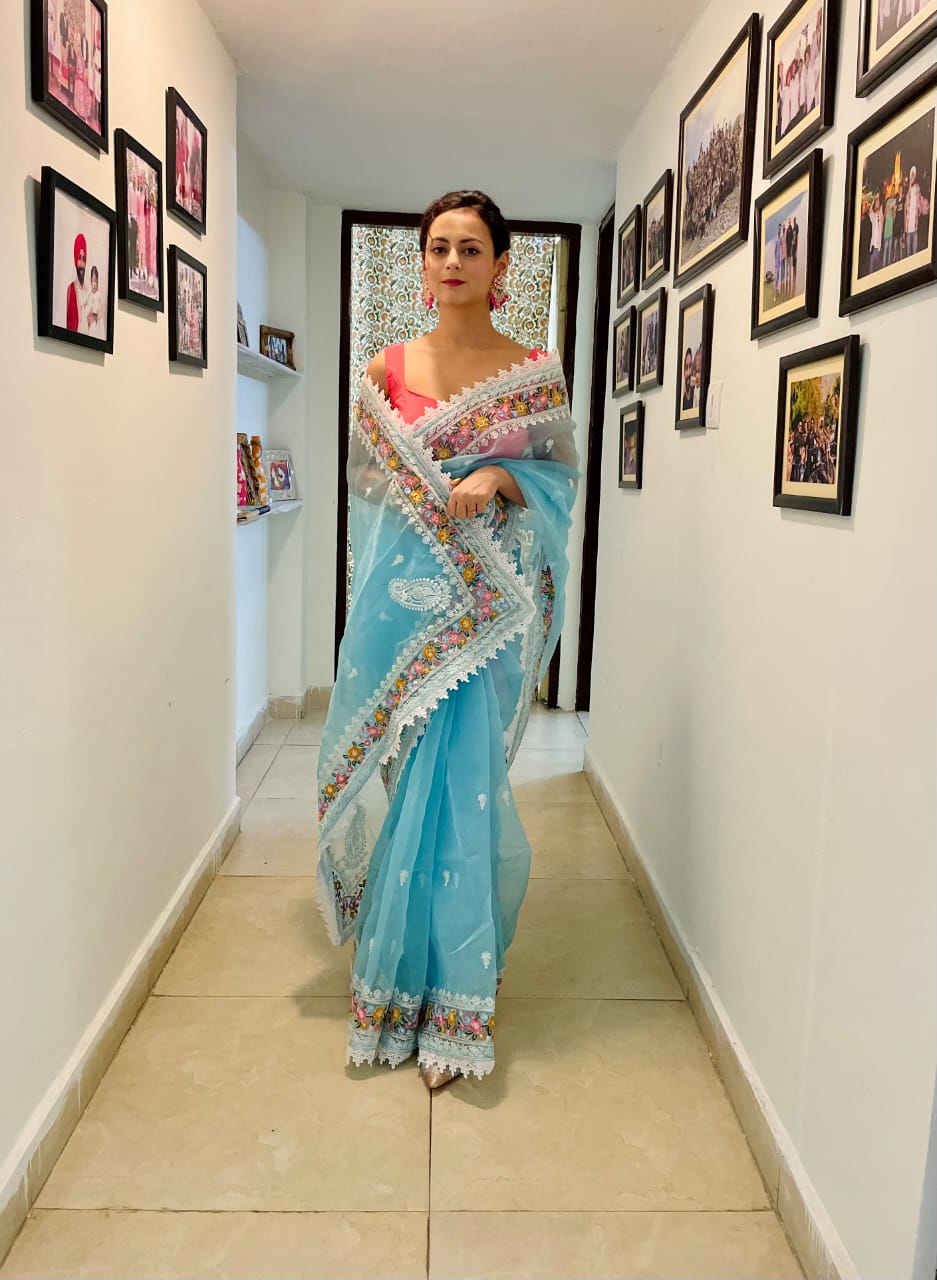 Pure Organza Silk With Multi Color Embroidery Sequence Work Lace Border Saree