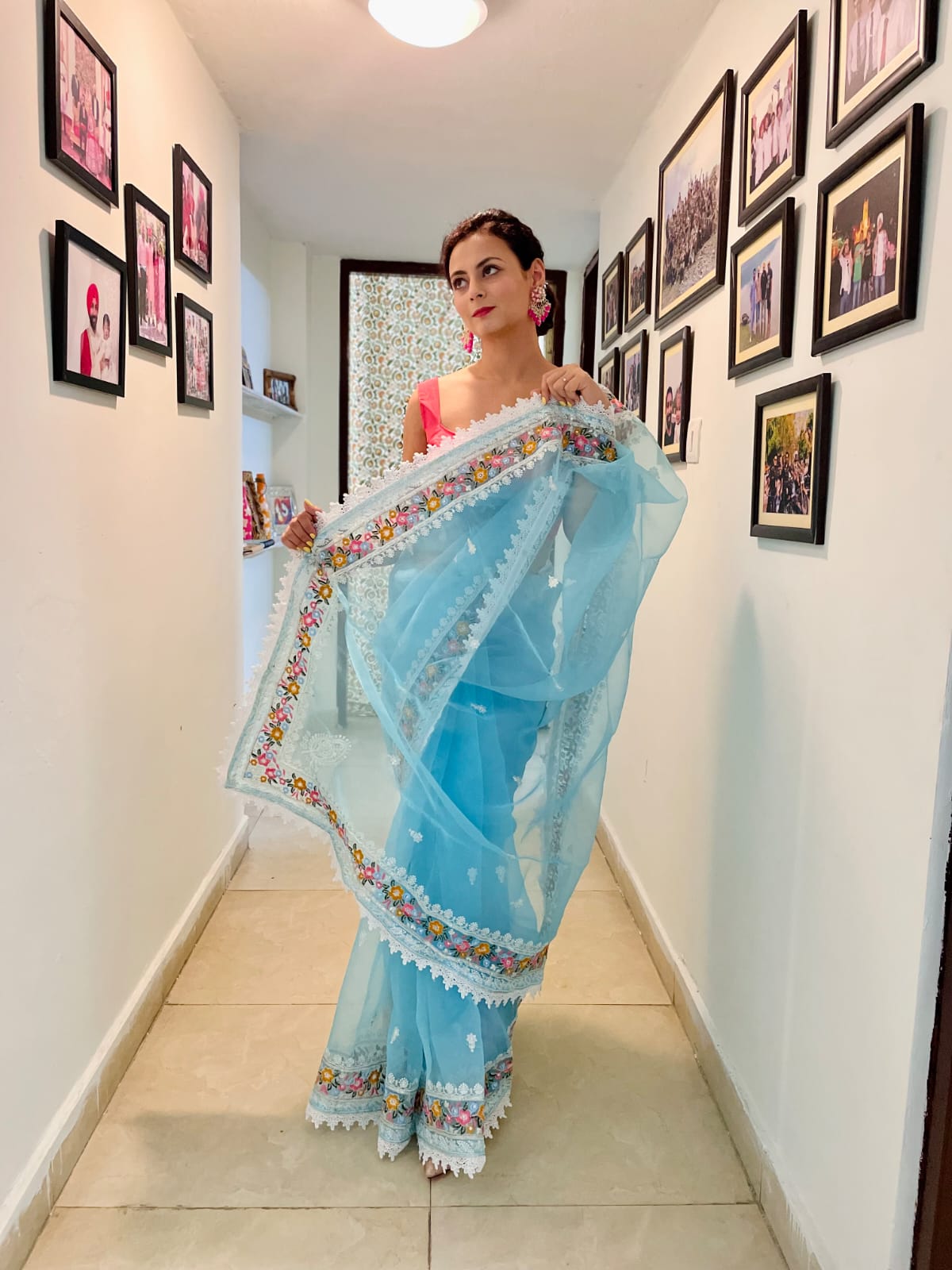 Pure Organza Silk With Multi Color Embroidery Sequence Work Lace Border Saree