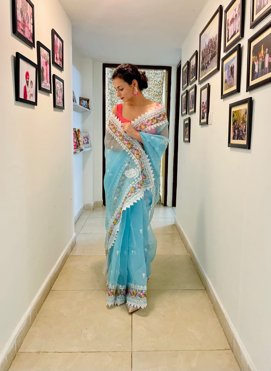 Pure Organza Silk With Multi Color Embroidery Sequence Work Lace Border Saree