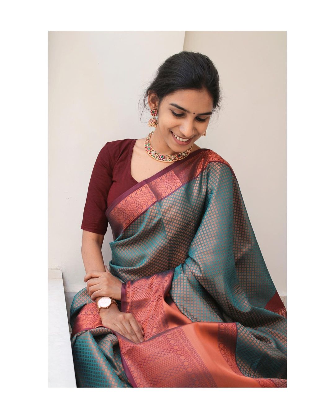 Banarasi Silk Rich Copper Zari Weaved Wide Border Saree