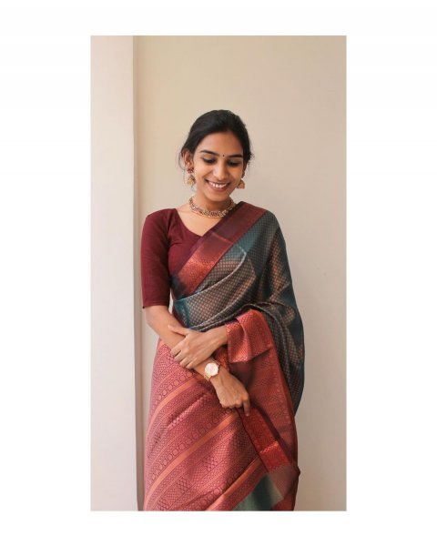 Image of Banarasi Silk Rich Copper Zari Weaved Wide Border Saree