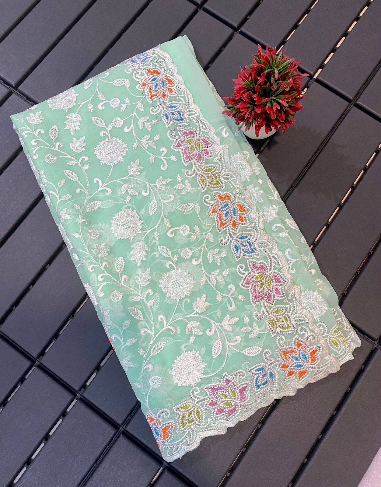 Georgette Chikankari Embroidery Swarovski Work Saree