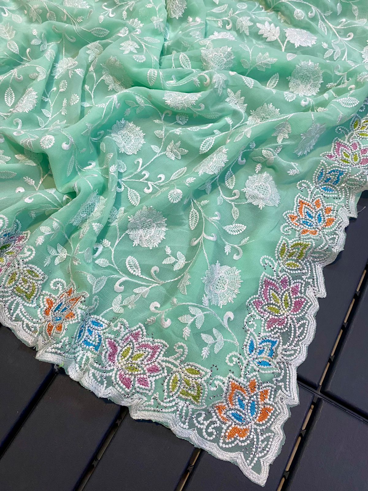 Georgette Chikankari Embroidery Swarovski Work Saree