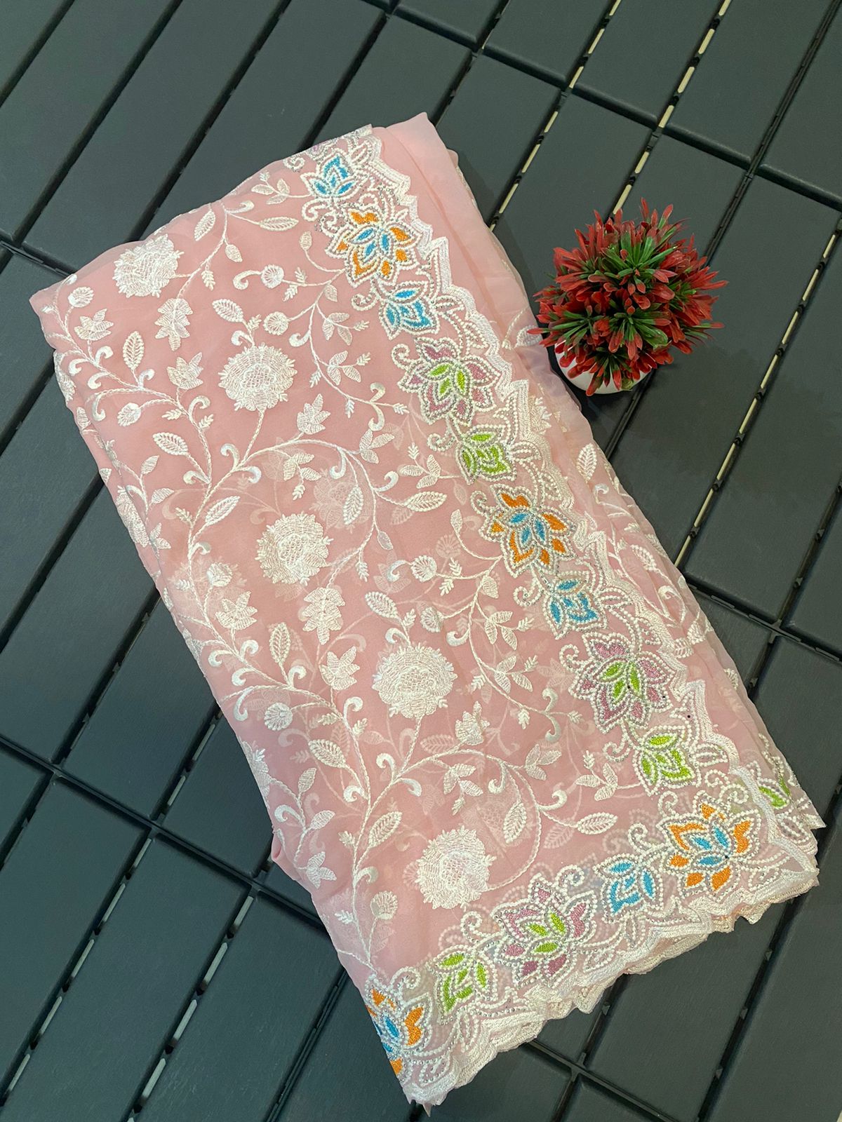 Georgette Chikankari Embroidery Swarovski Work Saree