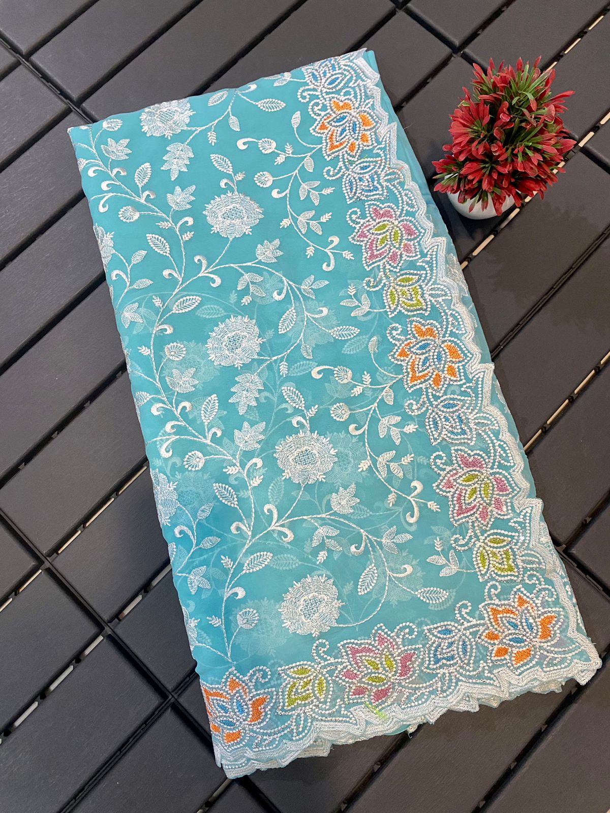 Georgette Chikankari Embroidery Swarovski Work Saree