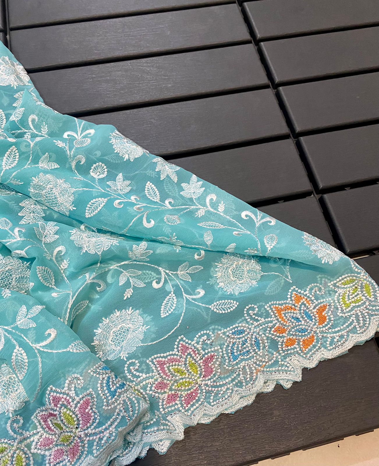 Georgette Chikankari Embroidery Swarovski Work Saree