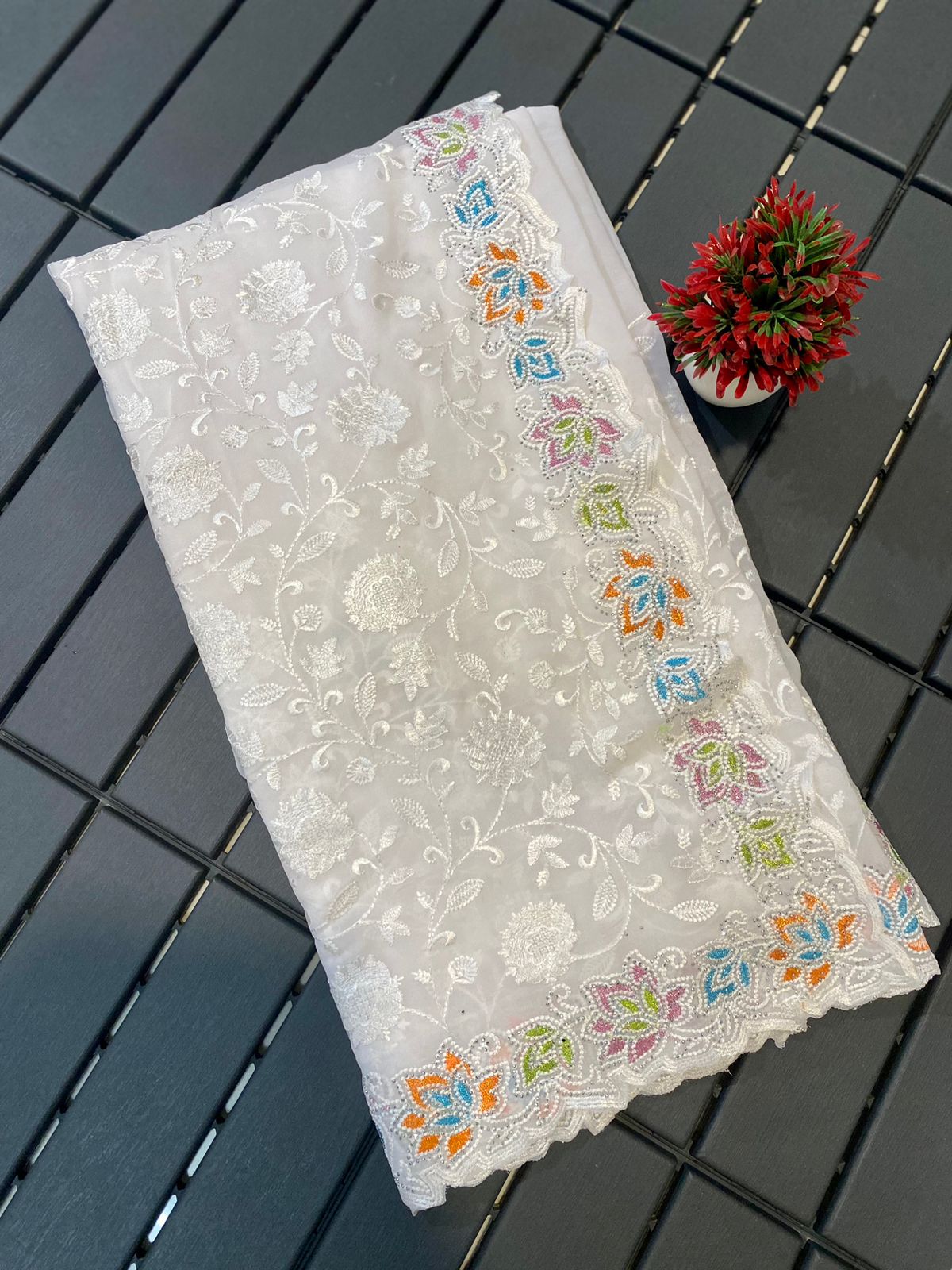 Georgette Chikankari Embroidery Swarovski Work Saree