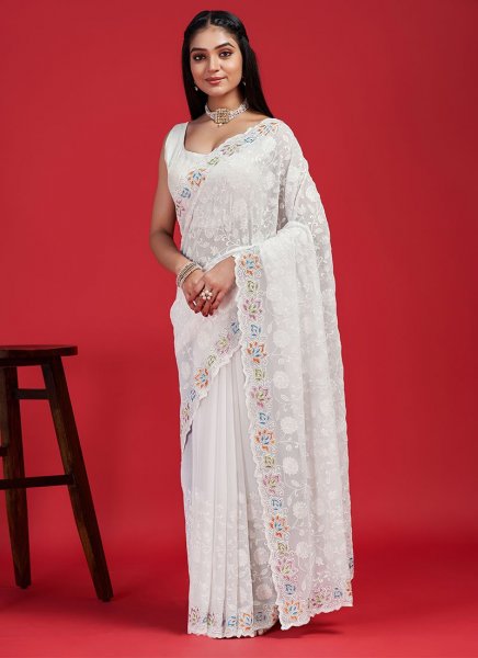 Image of Georgette Chikankari Embroidery Swarovski Work Saree