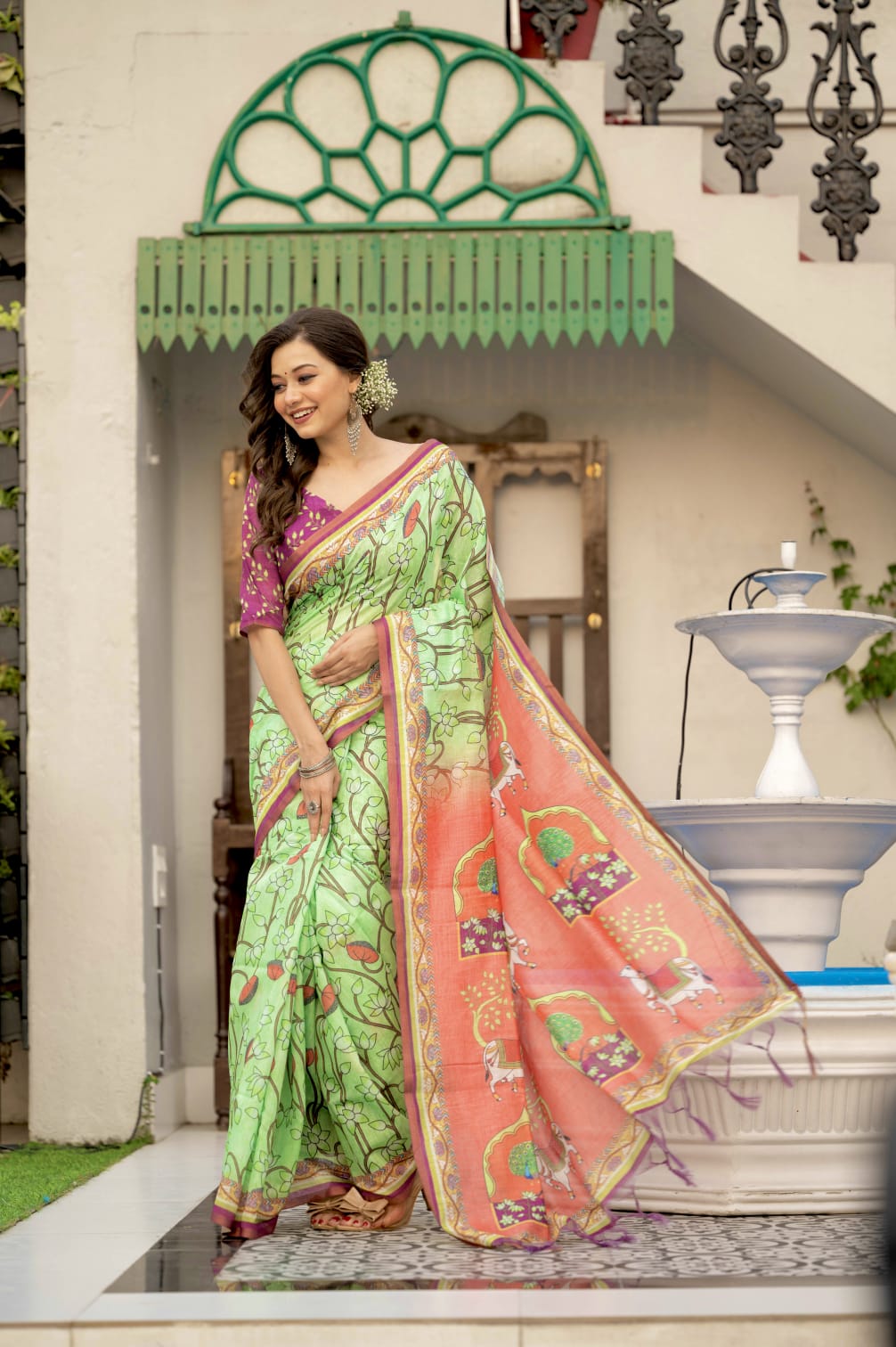 Pure Linen Pichwai Printed Body Pallu Zari Border Saree