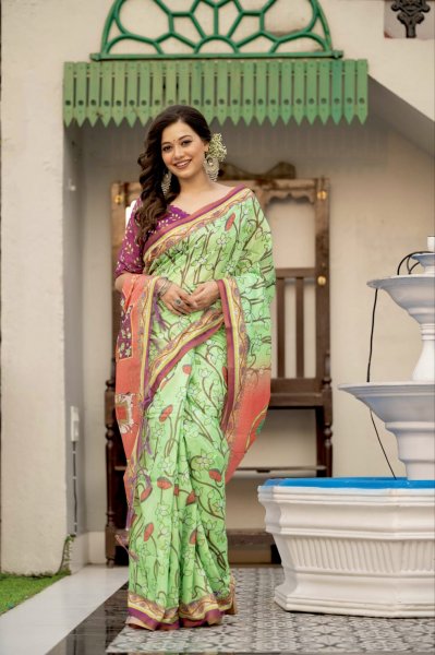 Image of Pure Linen Pichwai Printed Body Pallu Zari Border Saree