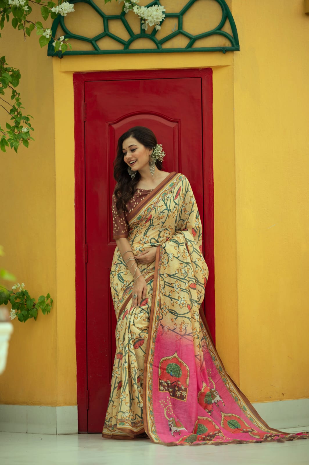 Pure Linen Pichwai Printed Body Pallu Zari Border Saree