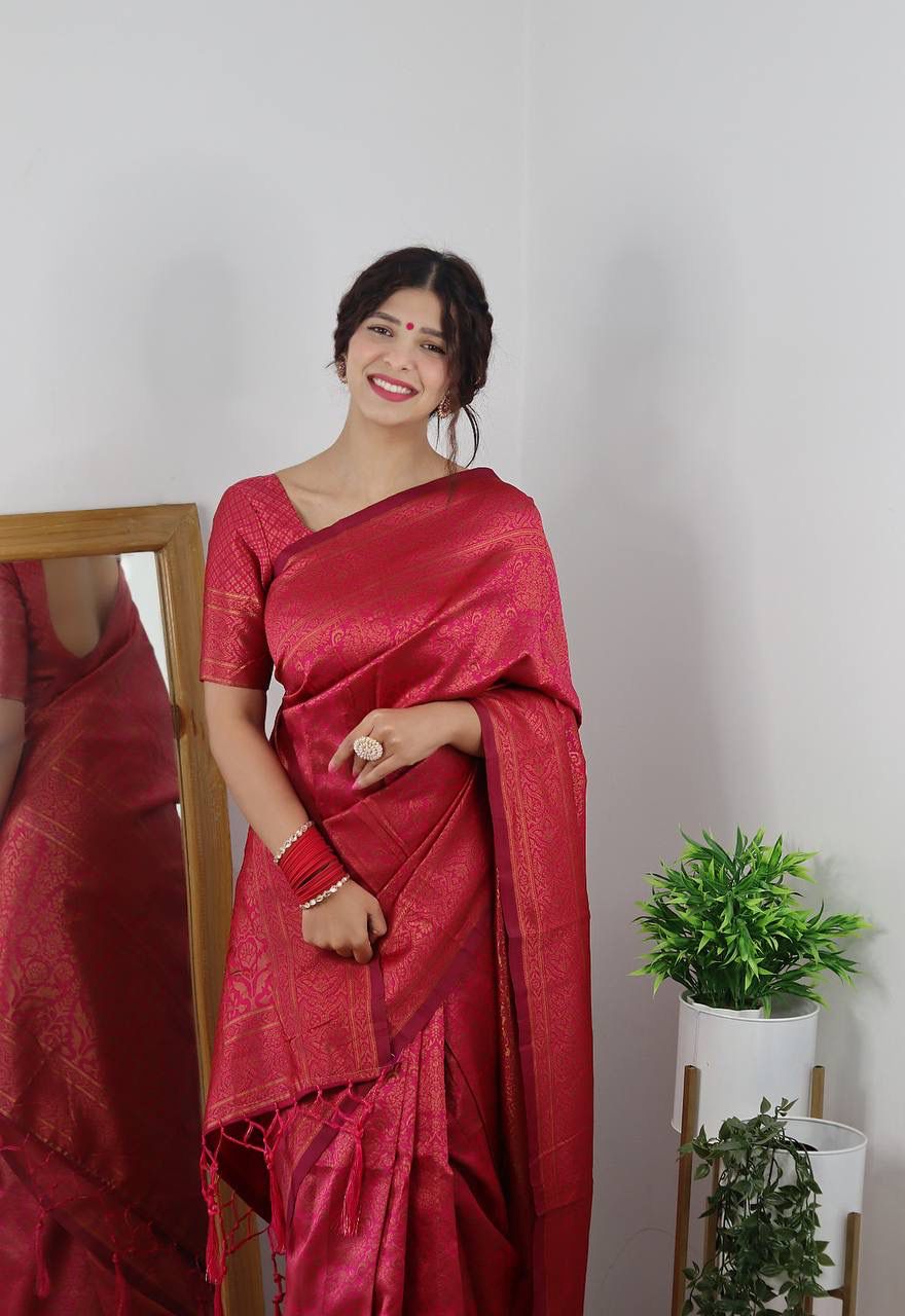 Maroon Banarasi Silk Rich Zari Weaved Saree